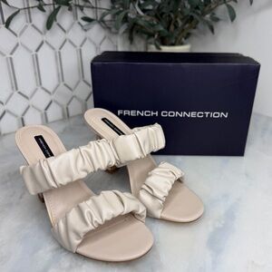 French Connection Crystal Ivory Ruched Mule Heels 6.5 NIB 3.5”